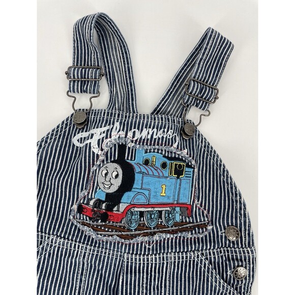 Vintage Y2K Boys Thomas The Train Pinstripe Overalls Denim Jeans Embroidered 18M - Picture 4 of 12